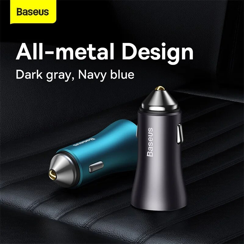 Baseus 60W metalinis USB tipo C automobilinis įkroviklis Greitas įkrovimas SCP AFC QC 4.0 PD 27W USBC telefono įkroviklis, skirtas iPhone Xiaomi Huawei Samsung