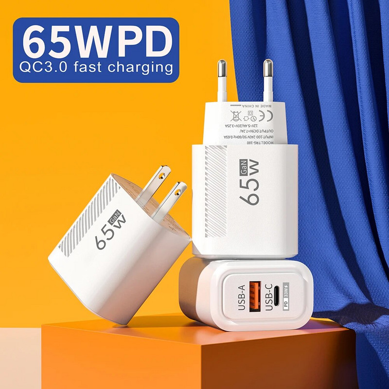 65W GaN PD USB C įkroviklis Greito įkrovimo C tipo telefono įkroviklis skirtas iPhone 15 14 Xiaomi Samsung Huawei EU/US Plug Quick Charge Adapter