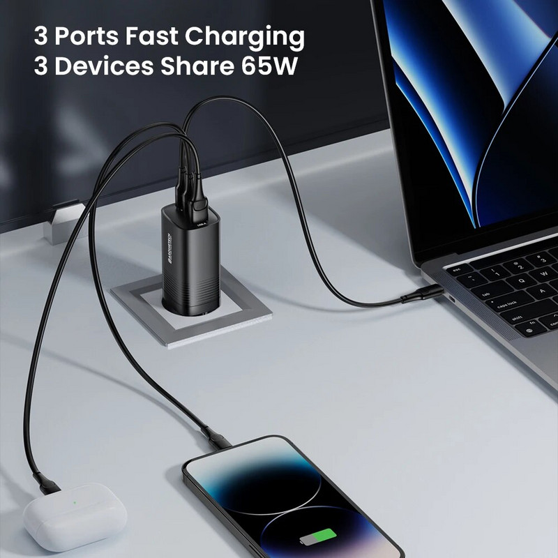 65W GaN USB Type C įkroviklis nešiojamam kompiuteriui PPS 45W 25W greitas įkrovimas, skirtas iPhone14 Pro, skirtas Samsung, skirtas HuaWei QC3.0 PD3.0 telefono įkrovikliams