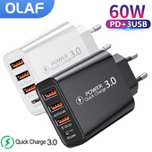 Olaf 60W USB C įkroviklis USB greitas įkroviklis C tipo mobiliojo telefono įkroviklis PD QC3.0 maitinimo adapteris, skirtas iPhone Xiaomi Samsung Huawei Poco