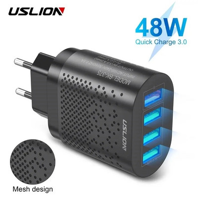 USLION EU/US Plug USB зарядно устройство 3A Quik Charge 3.0 зарядно за мобилен телефон за iPhone 11 Samsung Xiaomi 4 порта 48W бързи стенни зарядни устройства