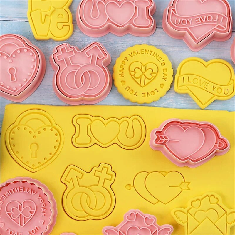 8 vnt/rinkinys Linksmos Valentino dienos sausainių pjaustyklės animacinis filmas LOVE širdies vokas sausainis fondantas reljefinis antspaudo formos „pasidaryk pats“ torto dekoravimas
