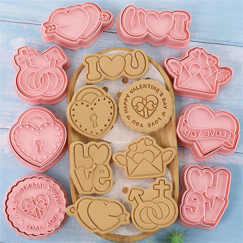 8 vnt/rinkinys Linksmos Valentino dienos sausainių pjaustyklės animacinis filmas LOVE širdies vokas sausainis fondantas reljefinis antspaudo formos „pasidaryk pats“ torto dekoravimas