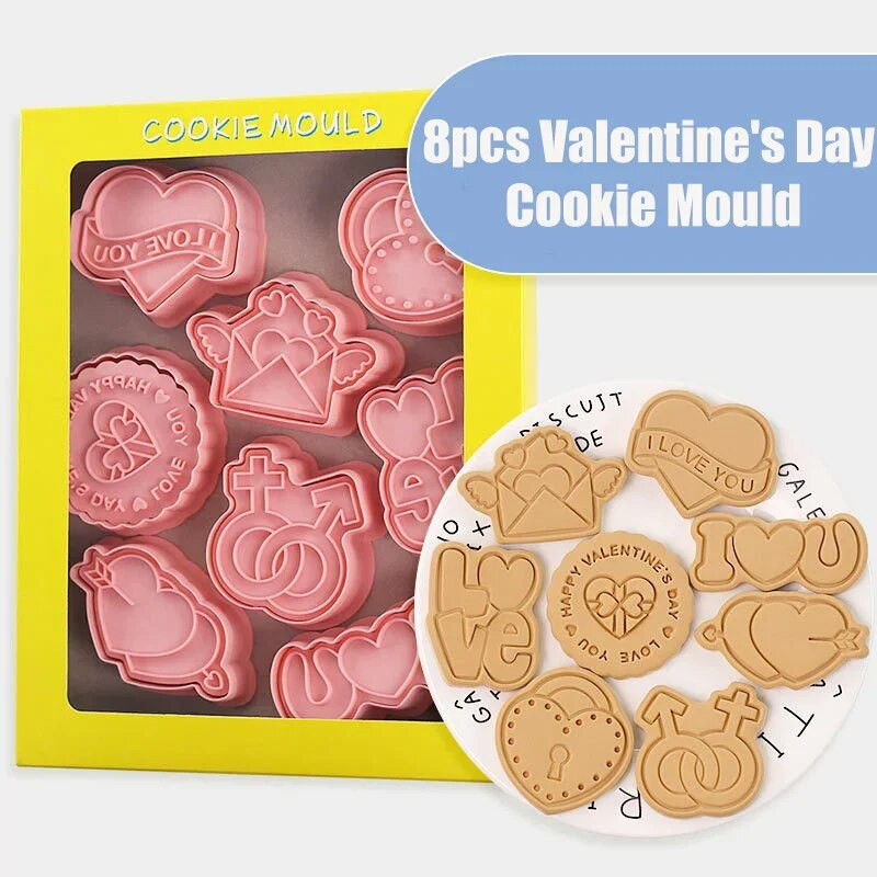 8 vnt/rinkinys Linksmos Valentino dienos sausainių pjaustyklės animacinis filmas LOVE širdies vokas sausainis fondantas reljefinis antspaudo formos „pasidaryk pats“ torto dekoravimas