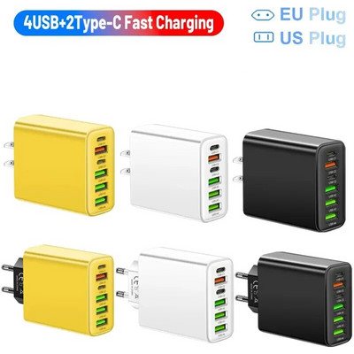 1PCS 6 в 1 4 USB и 2 Type C Бързо зареждане Бързо стенно зарядно за iPhone Samsung Xiaomi Huawei Oppo Адаптер за мобилен телефон