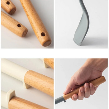 Силиконови кухненски прибори Лопатка Лопата Лъжица за супа Инструмент за готвене Незалепваща дълга дървена дръжка Кухненски джаджи