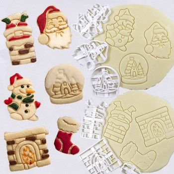 Весела Коледа Релефна форма за бисквитки Карикатура 3D Дядо Коледа Снежен човек Кристална топка Фондан Печат Инструменти за декориране на торти за печене