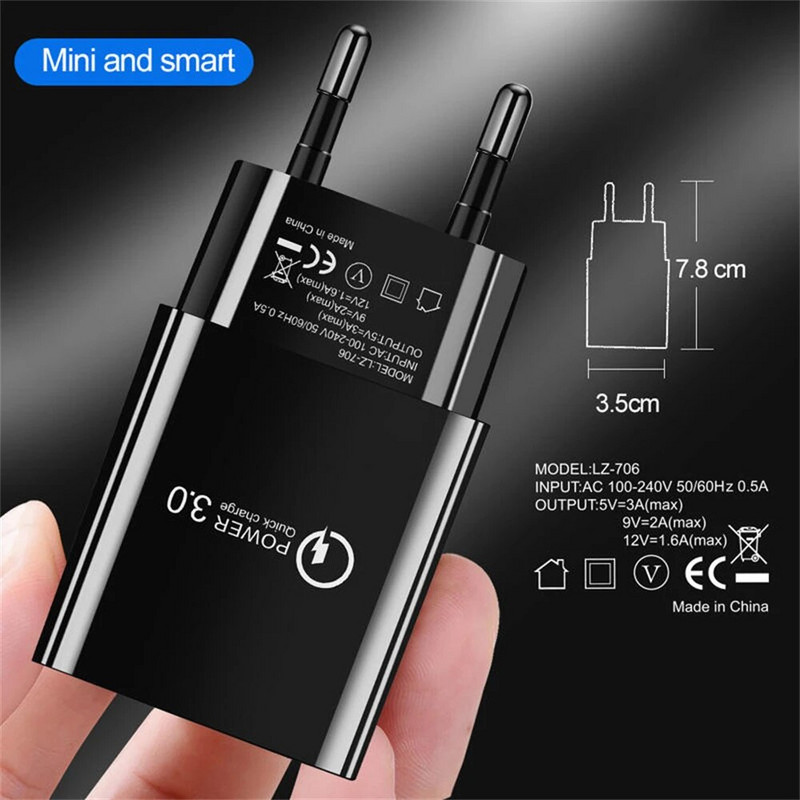 18W 3A greito įkrovimo QC 3.0 USB įkroviklis Fast Charger 3.0 Phone Charger for iPhone, skirtas Huawei Samsung Xiaomi Redmi EU US Plug