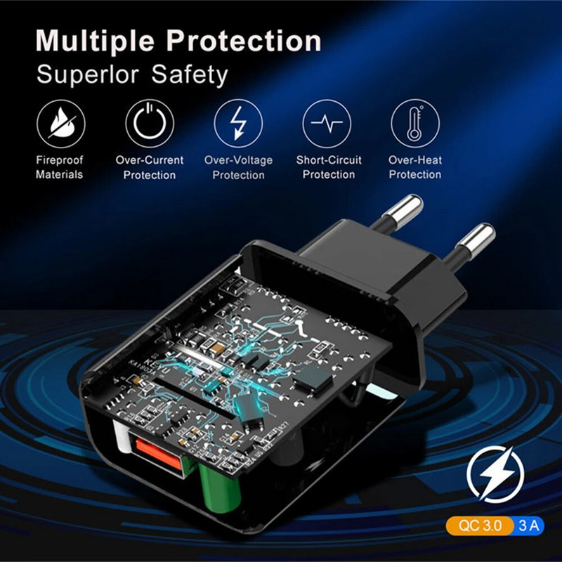 18W 3A greito įkrovimo QC 3.0 USB įkroviklis Fast Charger 3.0 Phone Charger for iPhone, skirtas Huawei Samsung Xiaomi Redmi EU US Plug