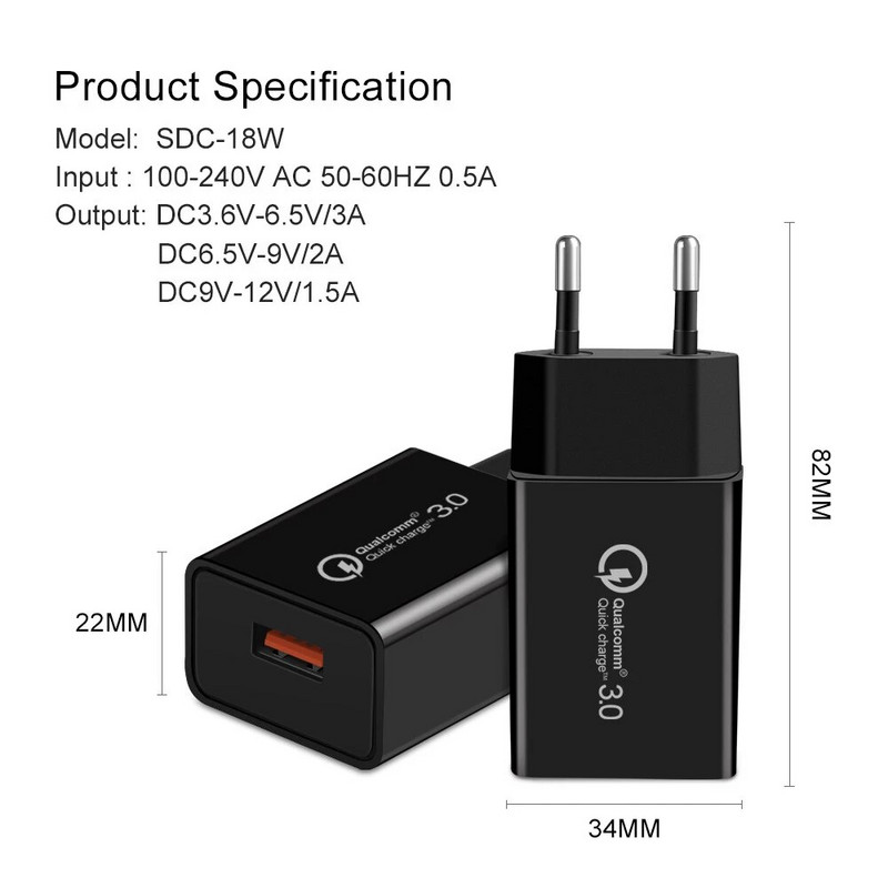18W 3A greito įkrovimo QC 3.0 USB įkroviklis Fast Charger 3.0 Phone Charger for iPhone, skirtas Huawei Samsung Xiaomi Redmi EU US Plug