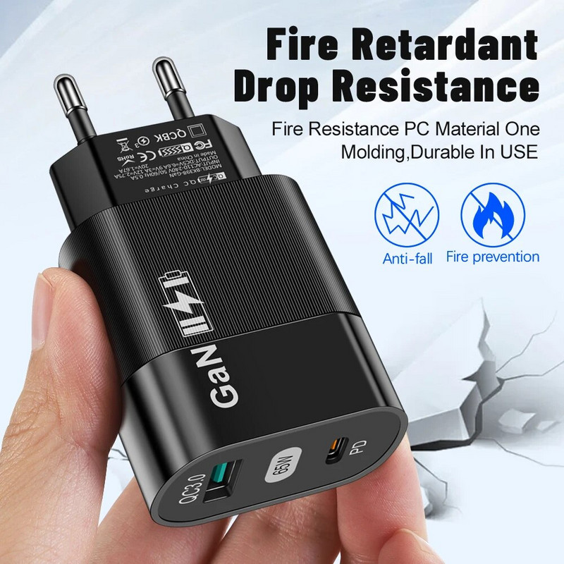 65 W GaN greitas įkroviklis C tipo USB greitas įkroviklis Mobilusis telefonas, skirtas iPhone 14 13 12 Pro Max nešiojamiesiems kompiuteriams žaidimų konsolėms PD įkroviklio adapteris