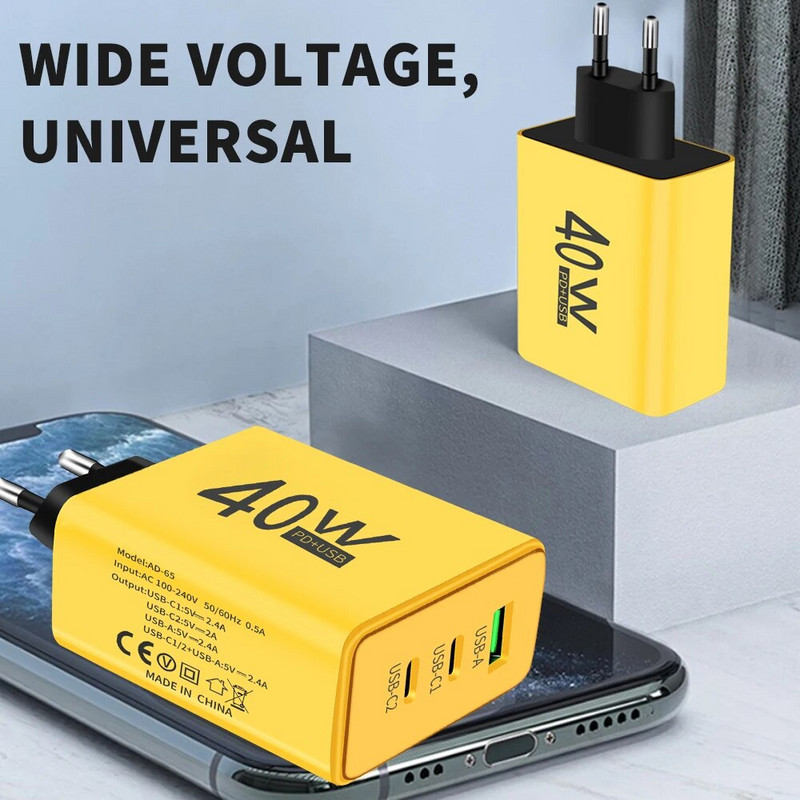 40 W USB C laadija Kahe PD kiirlaadimise 3 pordiga adapter iPhone 15 jaoks Samsung Xiaomi Huawei telefoni kiirlaadija 3.0 seinalaadija