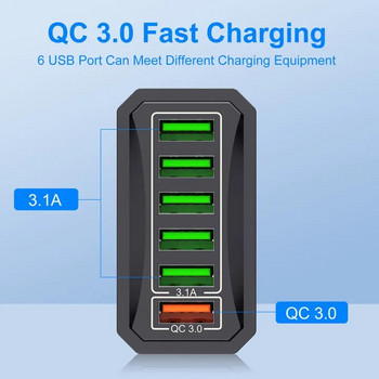 6 в 1 USB зарядно Бързо зареждане Quick Charge 3.0 Travel Charger за iPhone Samsung Huawei Xiaomi Зарядно за мобилен телефон