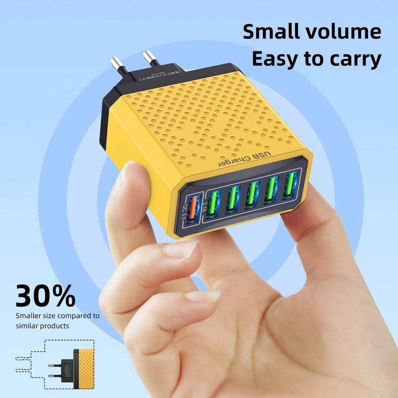 6 viename USB įkroviklis Greitas įkrovimas Greitas įkrovimas 3.0 Kelioninis įkroviklis, skirtas iPhone Samsung Huawei Xiaomi mobiliojo telefono įkroviklis