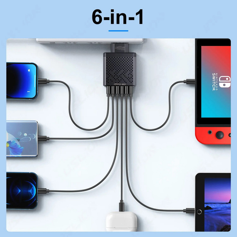 6 viename USB įkroviklis Greitas įkrovimas Greitas įkrovimas 3.0 Kelioninis įkroviklis, skirtas iPhone Samsung Huawei Xiaomi mobiliojo telefono įkroviklis