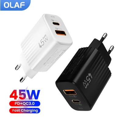 Olaf 45W USB зарядно за пътуване с бързо зареждане тип C QC 3.0 адаптери за таблетни устройства Xiaomi Huawei Iphone 15