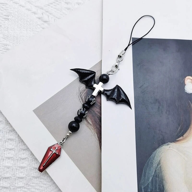 Goth Y2K telefono pakabukas Kawaii raktų pakabukas krepšiui mielas aksesuaras, moteriškas gitaros dirželis, karoliukais papuoštas raktų pakabukas