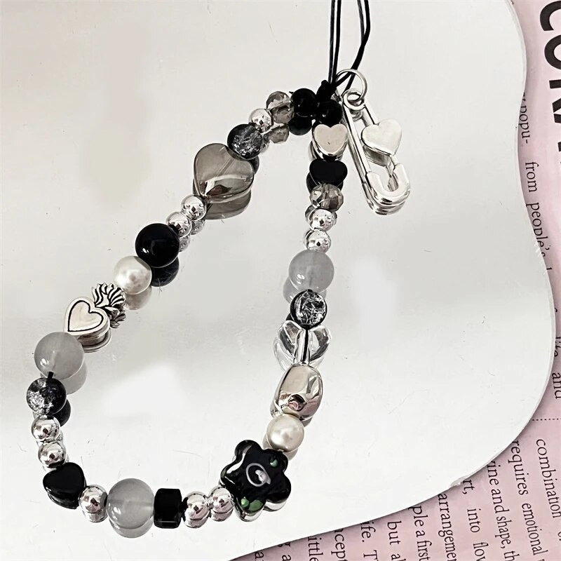 INS Y2K širdies telefono žavesio dirželis gėlių karoliukų pakabukas korėjietiška apyrankė skirta iPhone Samsung priedai pakabinama virvė mergaičių papuošalams