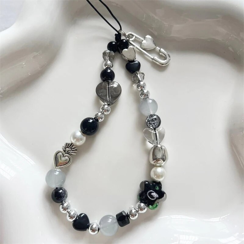 INS Y2K širdies telefono žavesio dirželis gėlių karoliukų pakabukas korėjietiška apyrankė skirta iPhone Samsung priedai pakabinama virvė mergaičių papuošalams