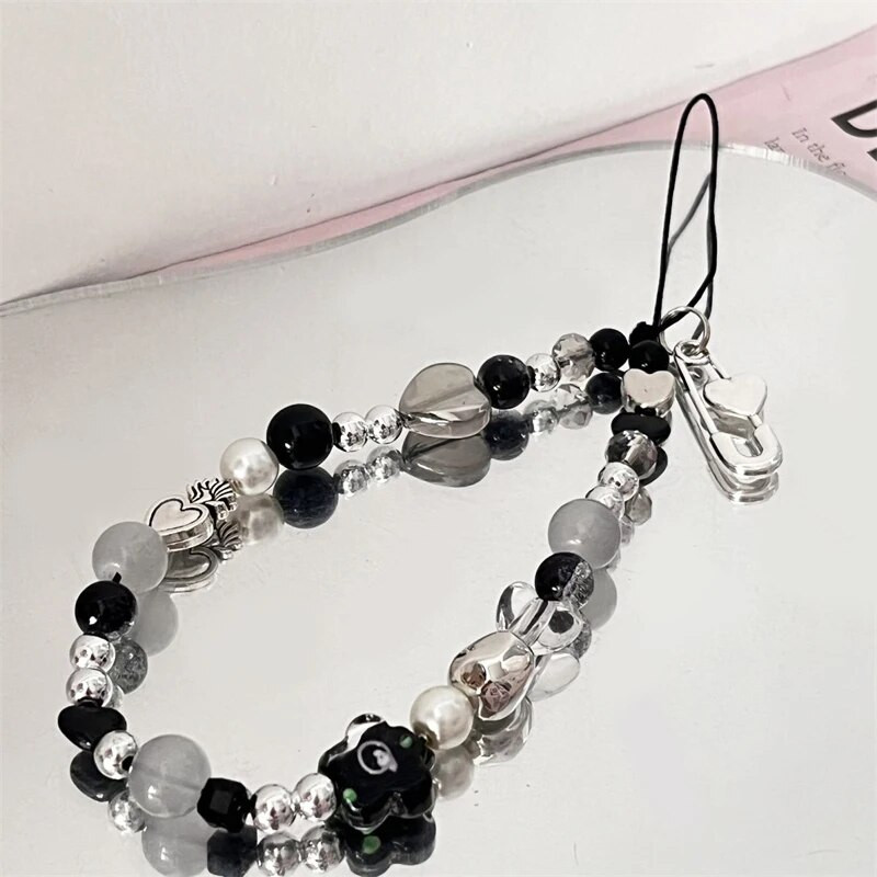 INS Y2K širdies telefono žavesio dirželis gėlių karoliukų pakabukas korėjietiška apyrankė skirta iPhone Samsung priedai pakabinama virvė mergaičių papuošalams