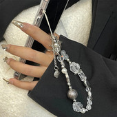 Y2K virvė telefono grandinėlei, raištelių žavesio dirželis riešas Mielas krištolinis karoliukas, pakabinamas laido apyrankė, raktų pakabukas fotoaparatui, mielai merginai