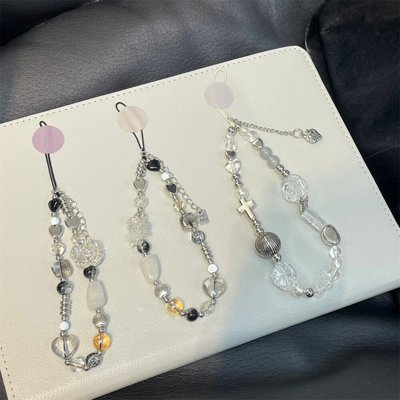 Y2K virvė telefono grandinėlei, raištelių žavesio dirželis riešas Mielas krištolinis karoliukas, pakabinamas laido apyrankė, raktų pakabukas fotoaparatui, mielai merginai