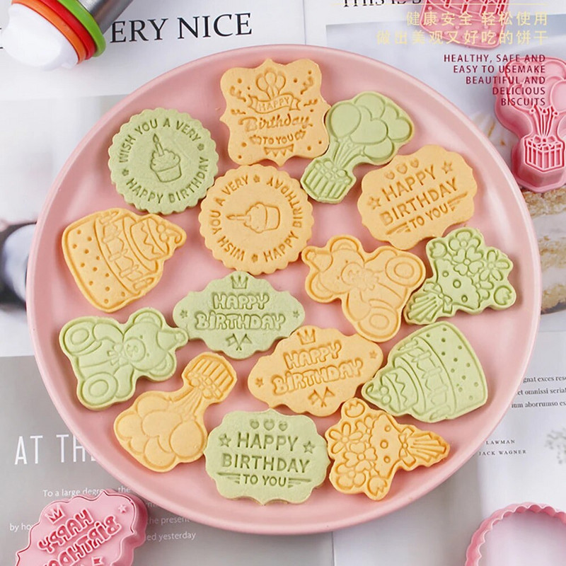 Su gimtadieniu tema Sausainių pjaustytuvų rinkinys „Pasidaryk pats“ sausainių formelių sausainių antspaudas Kepimas pyragas Kepiniai Įrankiai Virtuvės priedai