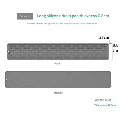 Ilgas neslystantis kilimėlis Pilka neslidžios juostelės Nuvalykite nutekėjimą Neslystančios pakabinamos skylės dizainas Silikoninis padėkliukas, nutekėjimo kilimėlis Silikagelis