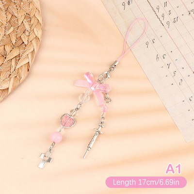 Rožinis Y2K telefono pakabukas Korea Kawaii raktų pakabukas krepšiui iPhone Samsung mieli aksesuarai moteriškas dirželis, papuoštas karoliukais