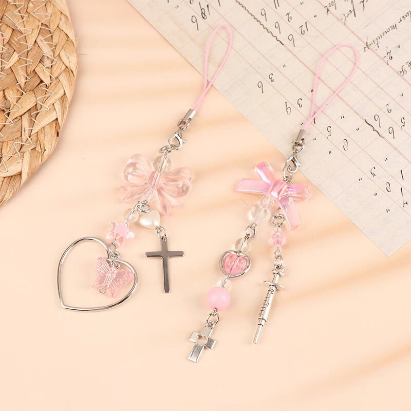 Rožinis Y2K telefono pakabukas Korea Kawaii raktų pakabukas krepšiui iPhone Samsung mieli aksesuarai moteriškas dirželis, papuoštas karoliukais