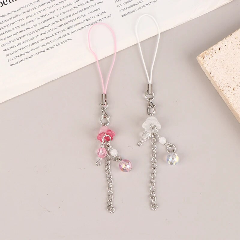 Rožinis Y2K telefono pakabukas Korea Kawaii raktų pakabukas krepšiui iPhone Samsung mieli aksesuarai moteriškas dirželis, papuoštas karoliukais