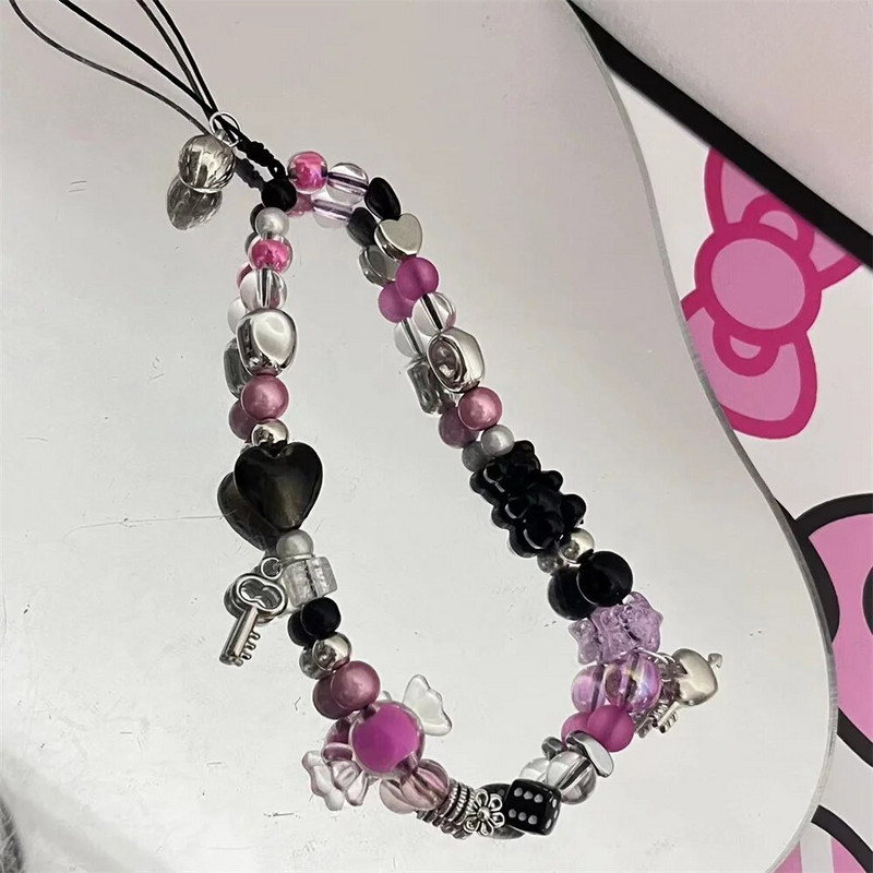 INS Y2K telefono grandinės raktas, kabantis moterims ant riešo papuošalai saldainiai meilės širdelės karoliukais mobiliojo telefono grandinėlė žavesio dirželis telefono dekoravimas