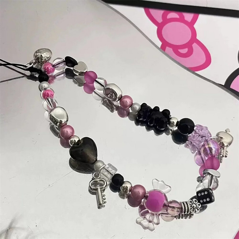 INS Y2K telefono grandinės raktas, kabantis moterims ant riešo papuošalai saldainiai meilės širdelės karoliukais mobiliojo telefono grandinėlė žavesio dirželis telefono dekoravimas