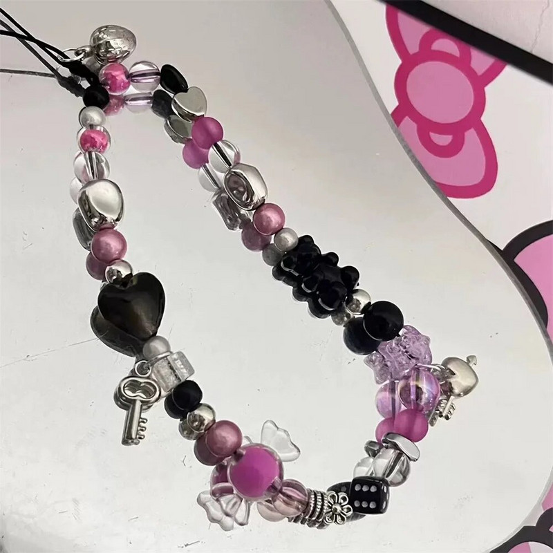 INS Y2K telefono grandinės raktas, kabantis moterims ant riešo papuošalai saldainiai meilės širdelės karoliukais mobiliojo telefono grandinėlė žavesio dirželis telefono dekoravimas