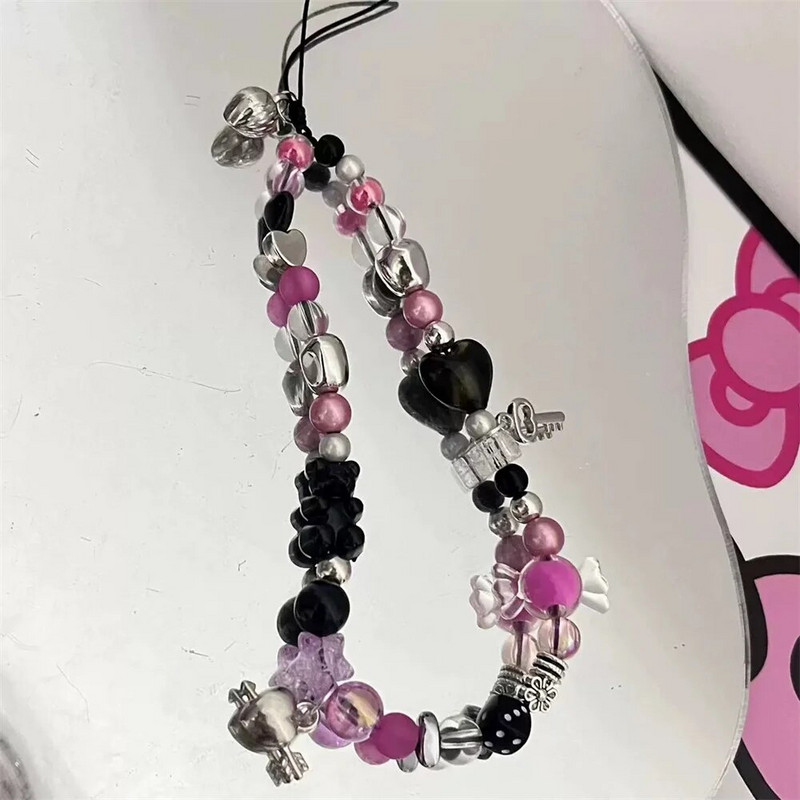 INS Y2K telefono grandinės raktas, kabantis moterims ant riešo papuošalai saldainiai meilės širdelės karoliukais mobiliojo telefono grandinėlė žavesio dirželis telefono dekoravimas