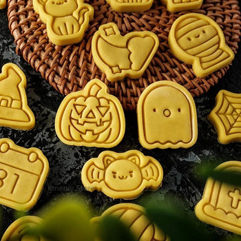 Комплект формички за бисквитки за Хелоуин Пластмасов 3D Череп на призрак Прилеп Тиква Мумия Карикатура Форма за бисквити Печат Сладкарски изделия Направи си сам Инструменти за декориране на торти