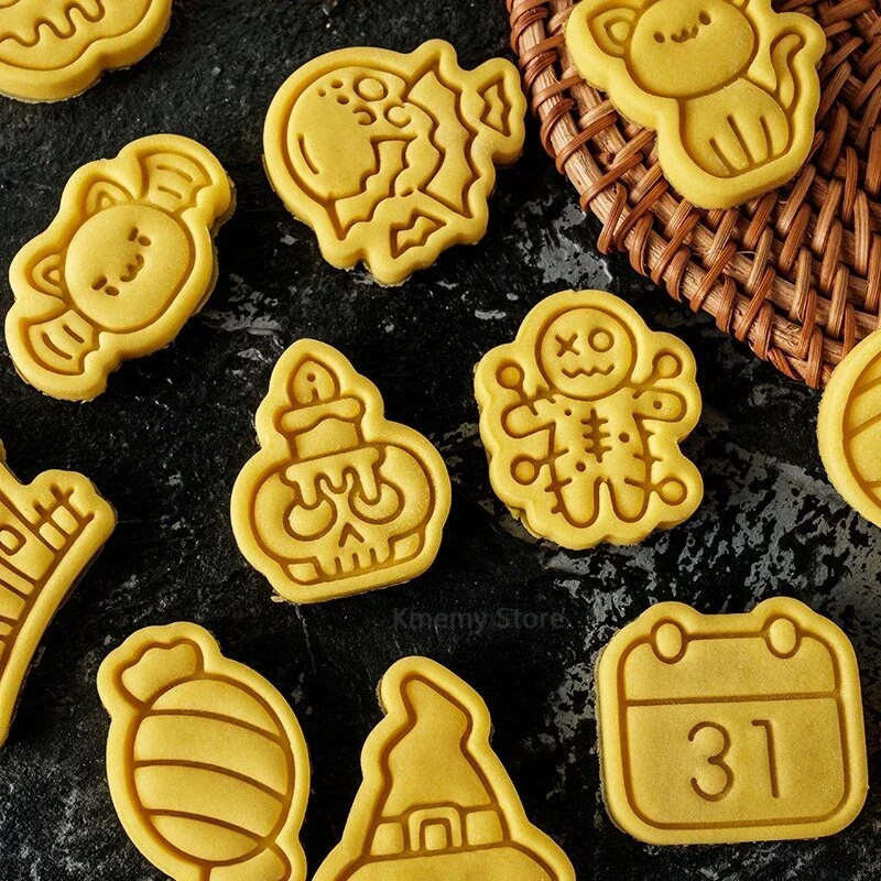 Helovino sausainių pjaustytuvų rinkinys plastikinis 3D vaiduoklis kaukolė Šikšnosparnis Moliūgas Mumija Animacinis biskvitas Formos antspaudas Tešla „Pasidaryk pats“ torto dekoravimo įrankiai