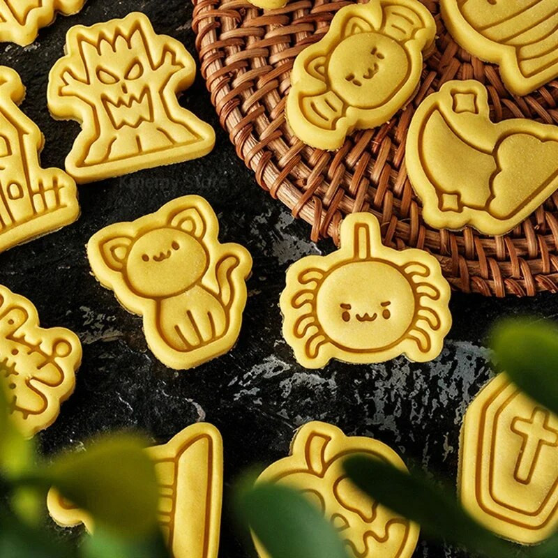 Helovino sausainių pjaustytuvų rinkinys plastikinis 3D vaiduoklis kaukolė Šikšnosparnis Moliūgas Mumija Animacinis biskvitas Formos antspaudas Tešla „Pasidaryk pats“ torto dekoravimo įrankiai