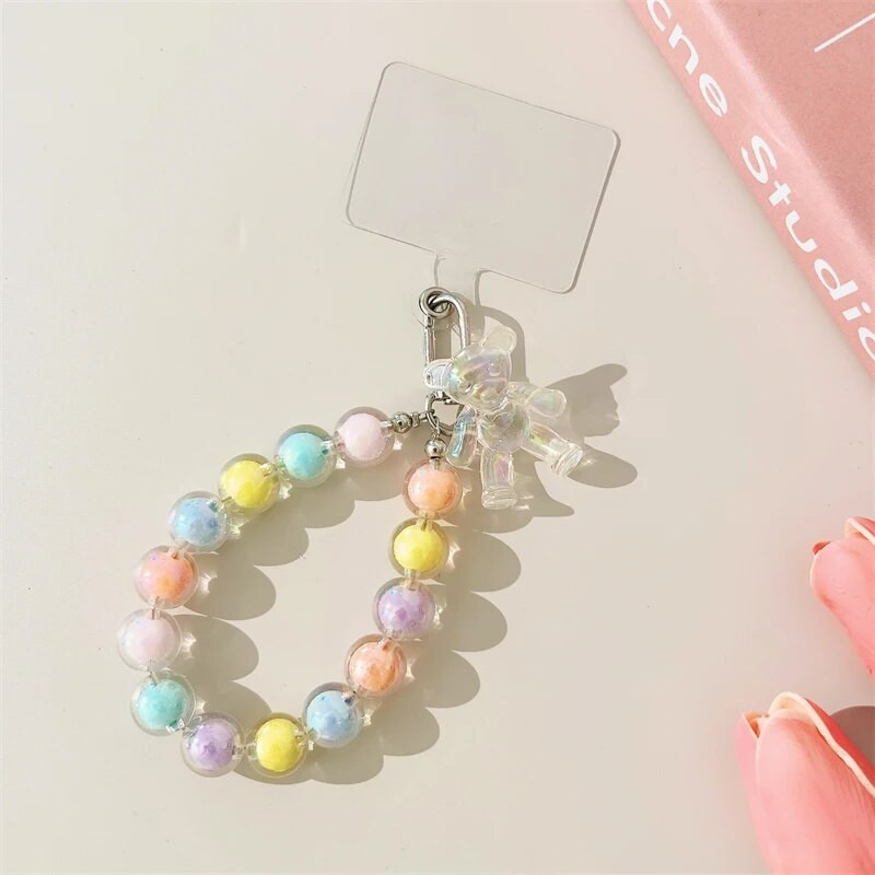 Mielas meškiukas, spalvinga mobiliojo telefono grandinėlė Miela raištelių apyrankė, skirta iPhone 14 13 12 11 Pro Max mergaičių karoliukai, kabantys segtukai raktų pakabuko dirželis