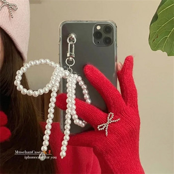 Κρεμαστό τηλέφωνο Ins Korean Simpe Pearl Bow Αισθητικό κρεμαστό μενταγιόν Μπρελόκ για iPhone 15 Pro Max Girls Αξεσουάρ Χονδρική