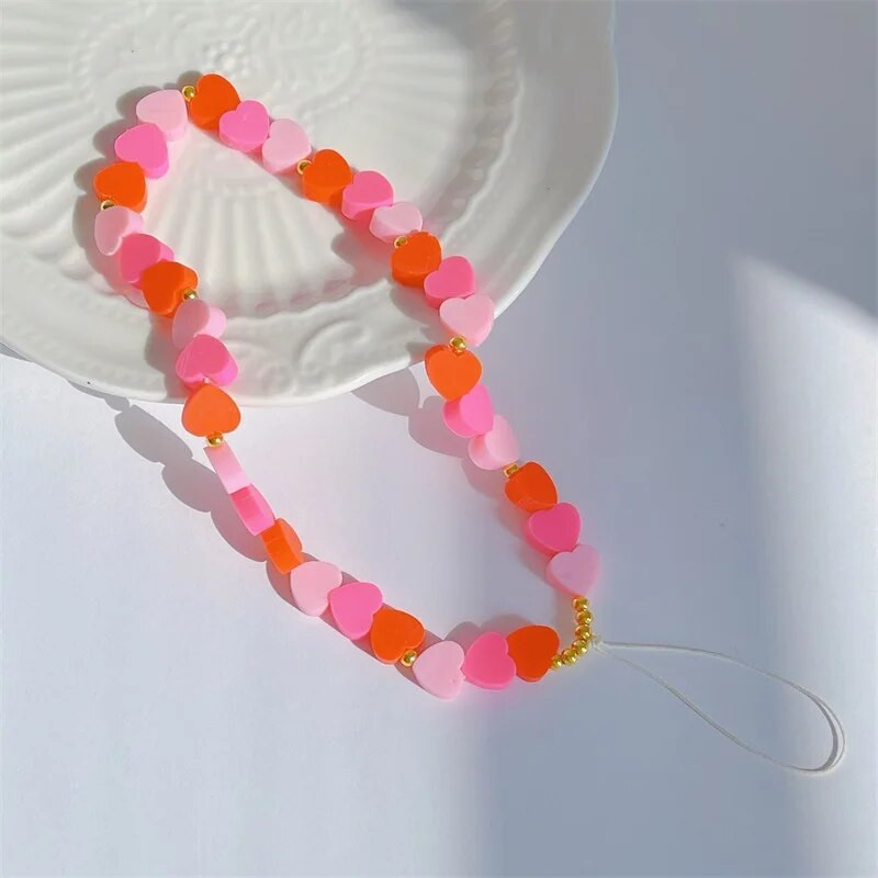 Žavinga ir miela rožinė gradiento minkšta keraminė širdelės formos mobiliojo telefono grandinėlė, mergaičių telefono nuo pamestų dirželių moteriški papuošalai