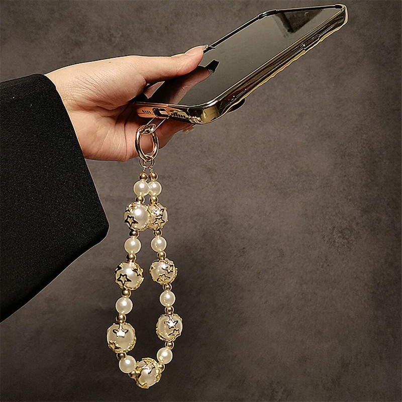 Luxury Star Pearl Rope for Phone Chain Lanyard Charm Strap Βραχιόλι καρπού με χάντρες κρεμαστό κορδόνι Μπρελόκ για φωτογραφική μηχανή κομψή γυναίκα