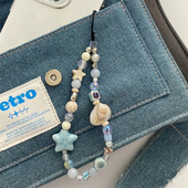 INS Blue Star Seashell karoliukais telefono dirželis Miela žavinga grandinėlė su gėlėmis Telefono segtukas Raktų pakabukas Moteris mergaitės krepšio pakabukas iPhone dėklui