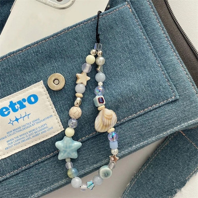 INS Blue Star Seashell karoliukais telefono dirželis Miela žavinga grandinėlė su gėlėmis Telefono segtukas Raktų pakabukas Moteris mergaitės krepšio pakabukas iPhone dėklui