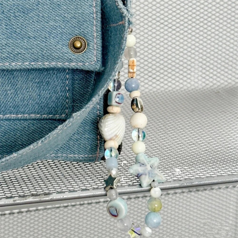 INS Blue Star Seashell karoliukais telefono dirželis Miela žavinga grandinėlė su gėlėmis Telefono segtukas Raktų pakabukas Moteris mergaitės krepšio pakabukas iPhone dėklui