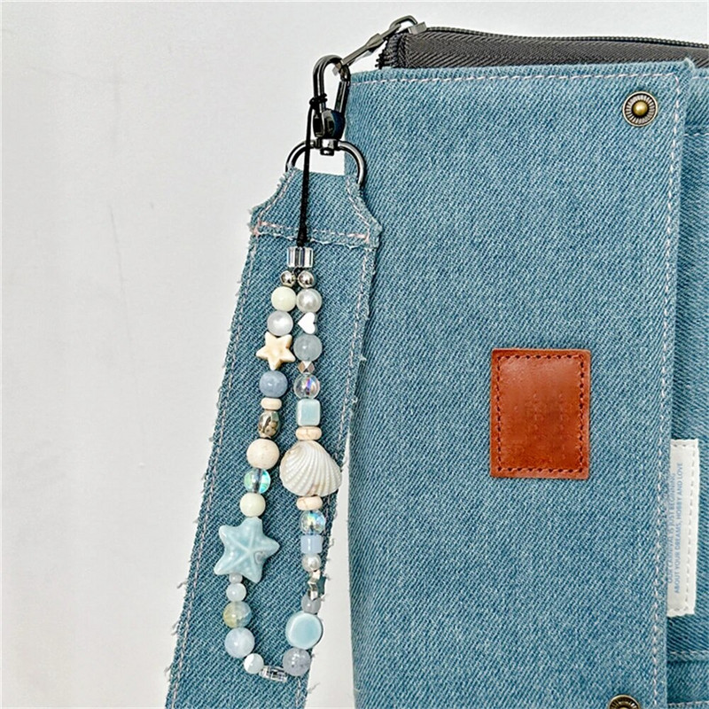 INS Blue Star Seashell karoliukais telefono dirželis Miela žavinga grandinėlė su gėlėmis Telefono segtukas Raktų pakabukas Moteris mergaitės krepšio pakabukas iPhone dėklui