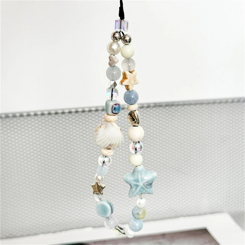 INS Blue Star Seashell karoliukais telefono dirželis Miela žavinga grandinėlė su gėlėmis Telefono segtukas Raktų pakabukas Moteris mergaitės krepšio pakabukas iPhone dėklui