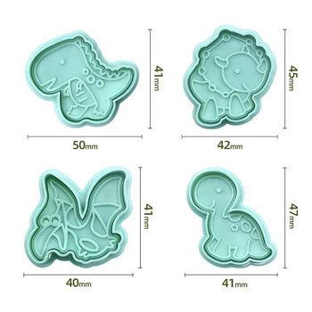 4 τμχ Μπισκότα Dinosaur Embosser Stamp Mold Mold Cartoon Μοτίβο ζώων Κόπτης για μπισκότα Επιδόρπιο Φόρμα ψησίματος Φοντάν κέικ Εργαλεία διακόσμησης