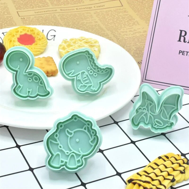 4 vnt. Dinozaurinių sausainių reljefinio antspaudo formelės Animacinių filmų gyvūnų raštų sausainių pjaustyklės Desertinės kepimo formos Fondant tortų dekoravimo įrankiai