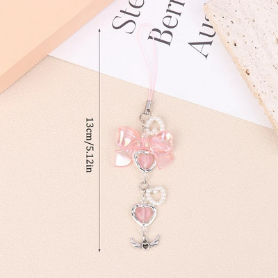 Mielos mielos rožinės spalvos „Bowknot Heart Phones“ grandinėlės mergaitei „Flower Star“ telefono dirželis Y2k mobiliojo telefono dirželis, raktų pakabukas